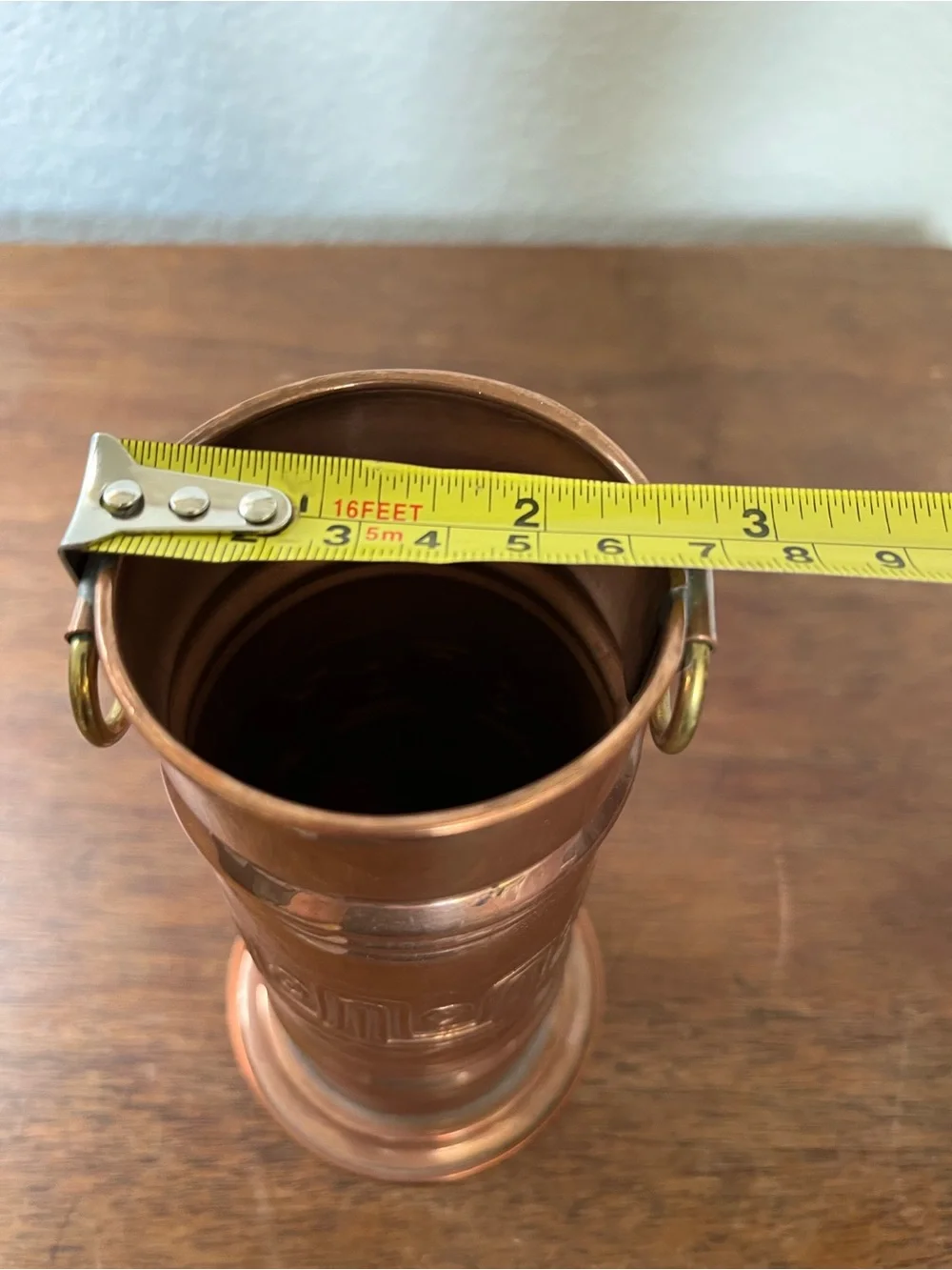 Vintage French hammered copper vase with brass handles